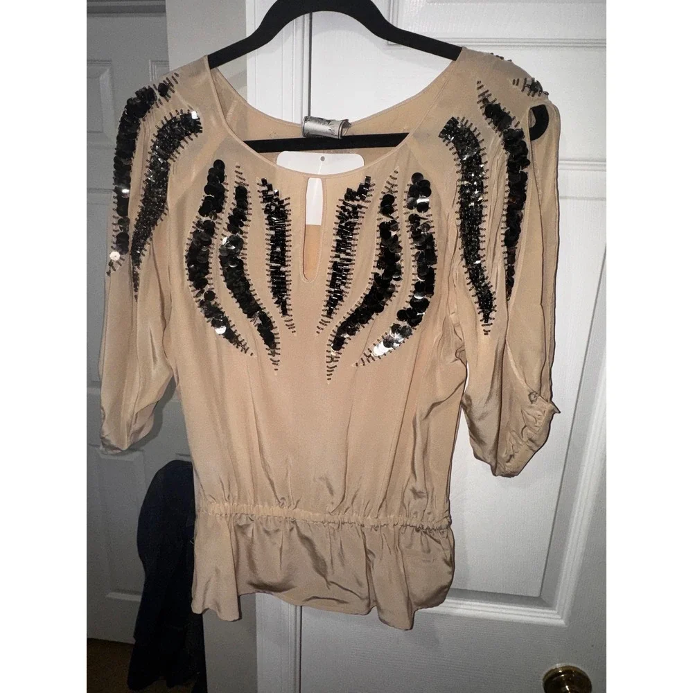 Yoana Baraschi Beige Silk Sequin Beaded Peplum Blouse‎ Keyhole Top Size M